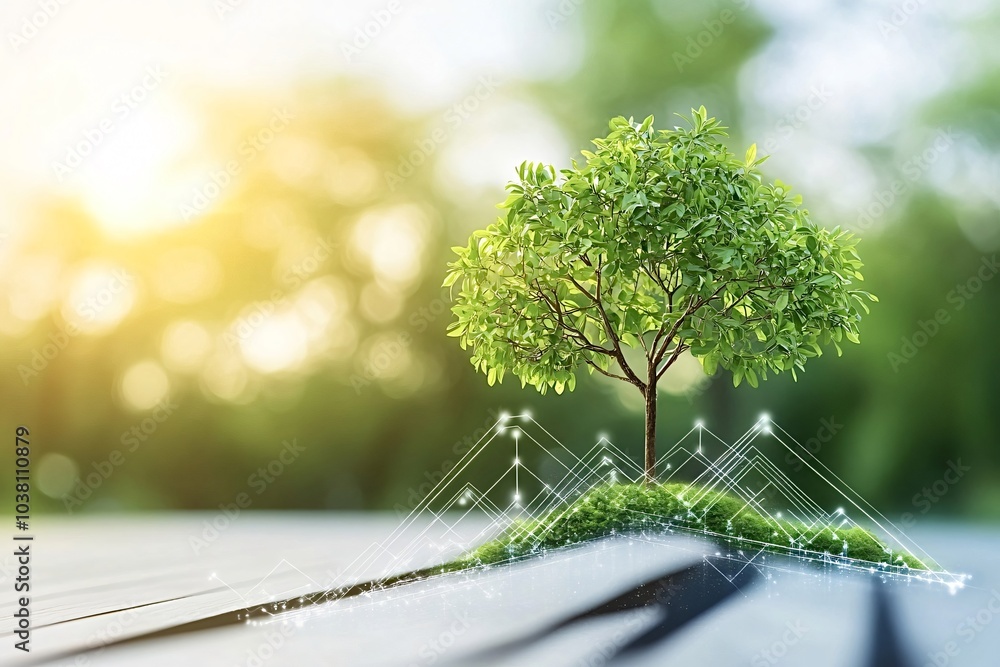Poster small tree growing on a pile of soil with connection line, symbolizing the concept of technology and