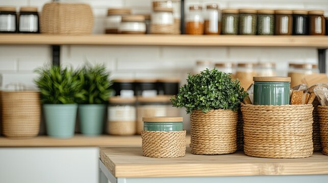 A stylish kitchen shelf displays neatly arranged jars, potted plants, and woven baskets, creating an organized and aesthetic home decor setting.