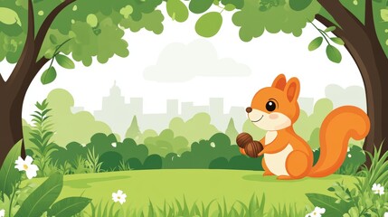 Fototapeta premium Cute Squirrel with Nuts in a Green Forest Setting with a City Skyline