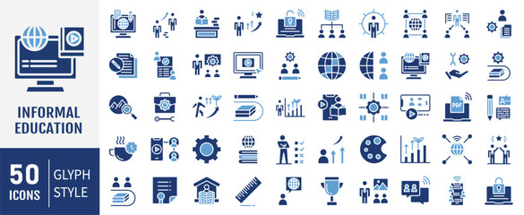 Informal Education icon set. Containing Skill building workshops, independent study, community classes, non formal, training icon. Vector illustration