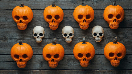 Carved pumpkins with skull like faces are arranged on rustic wooden background, creating spooky and festive atmosphere perfect for Halloween celebrations