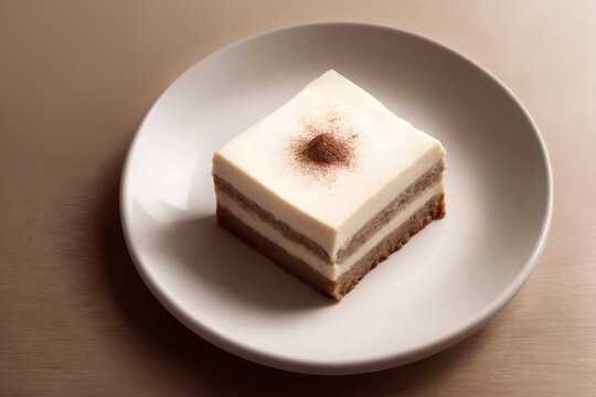 A square piece of homemade sponge cake with tiramisu cream and cocoa powder on a white plate on a wooden table. Sweet food close-up