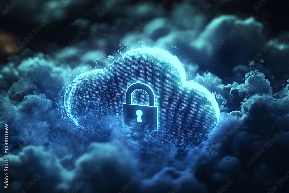 Poster glowing cloud computing symbol with an integrated padlock is emerging from stylized digital clouds, 