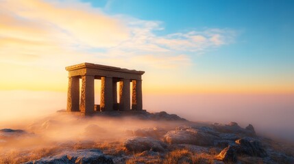 Ancient stone structure on hilltop during sunrise with dramatic clouds.