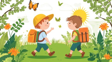 Happy Kids Hiking in Nature with Backpacks and Butterflies