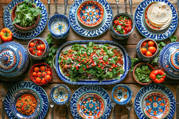 Fototapeta premium Traditional chiles en nogada surrounded by colorful talavera on rustic table setting
