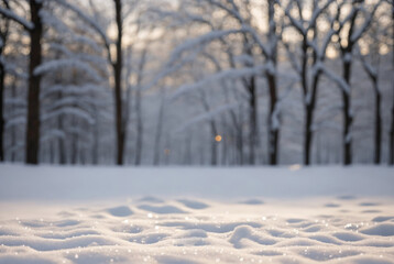 Fototapeta premium Snowy winter landscape, blurred forest background. Christmas backdrop