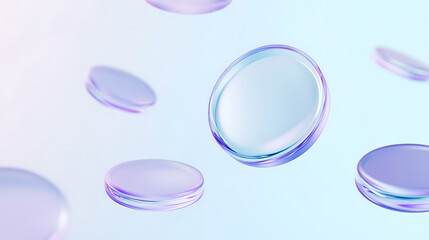 Close-up of multiple floating, clear glass, round glss on a light blue background. 