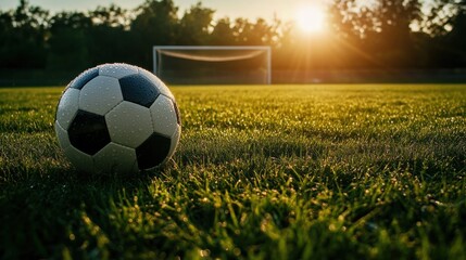 Fototapeta premium A soccer ball on grass with goalposts in the distance, early morning dew, Fresh style