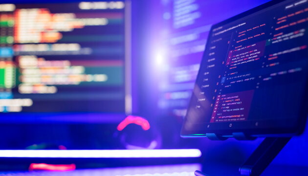 Coding script text on screen. Abstract computer script about big data and blockchain database.