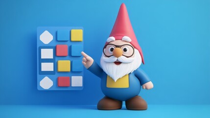 Obraz premium Colorful gnome character pointing at a color pattern board, vibrant blue background.