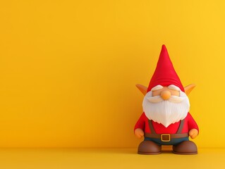 Obraz premium Colorful gnome figurine with a red hat on a vibrant yellow background.