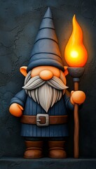 Colorful gnome holding a torch, whimsical character in a fantasy setting.