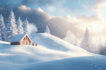 Naklejka premium Snowy hills embrace a cozy cabin adorned with festive decorations, creating a tranquil winter scene under a vast, open sky perfect for messages.