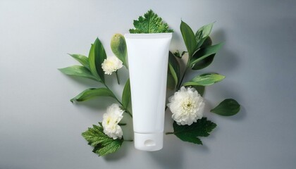 White cosmetic tube surrounded by green leaves and white flowers on a soft background.