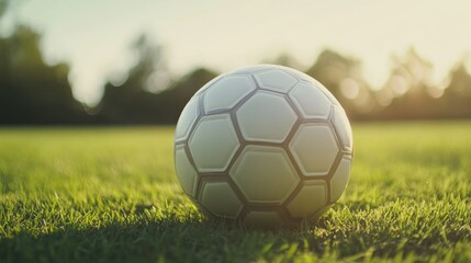 Fototapeta premium A soccer ball with focus on the pentagon pattern, outdoor setting under soft morning light, Minimalist style