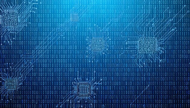Futuristic digital circuit board on a blue background with binary code patterns.