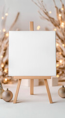 Blank canvas on wooden easel with festive lights and ornaments in the background