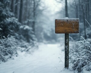 Naklejka premium Snowy forest with a wooden sign for holiday messages, serene winter setting, soft focus, large space for text on the sign