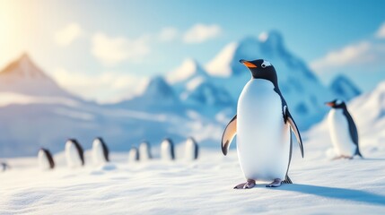 A penguin standing on snow with mountains in the background, sunny winter scene.