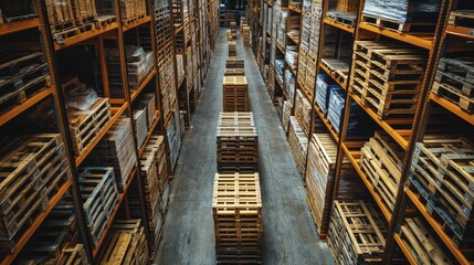 Bird's-eye perspective of neatly arranged pallets within a vast industrial storage space, emphasizing clarity, organized layout, and bright overhead illumination.