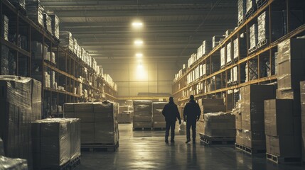 Warehouse employees transporting goods within a bustling production space, organized setup, vibrant lighting, and a dynamic environment.