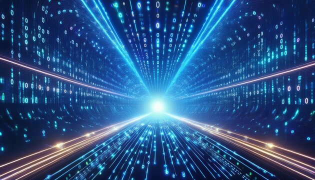 Dynamic digital tunnel with blue light and binary code flowing through it.