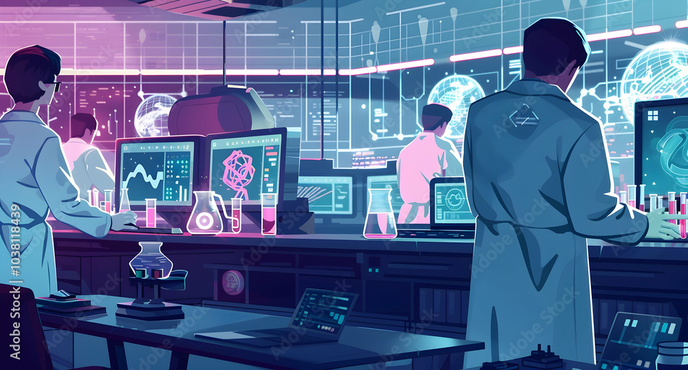 Poster a group of scientists working in an advanced laboratory, using ai technology to analyze medical data