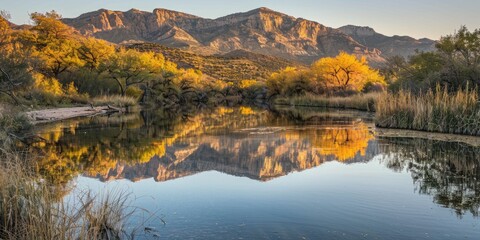 Serene landscape reflecting mountains and autumn foliage in tranquil water.