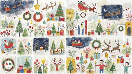 Christmas decorative banner with Santa Claus, Christmas trees, snowman, reindeers, bells, stockings, ornaments, snowflakes, snowy village, gifts,