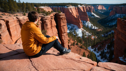 Fototapeta premium A lone traveler contemplates the beauty of a red rock canyon with snowy patches and pine trees