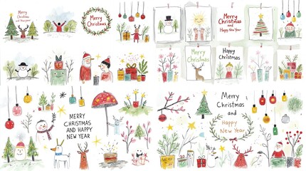 Christmas decorative banner with Santa Claus, Christmas trees, snowman, reindeers, bells, stockings, ornaments, snowflakes, snowy village, gifts,