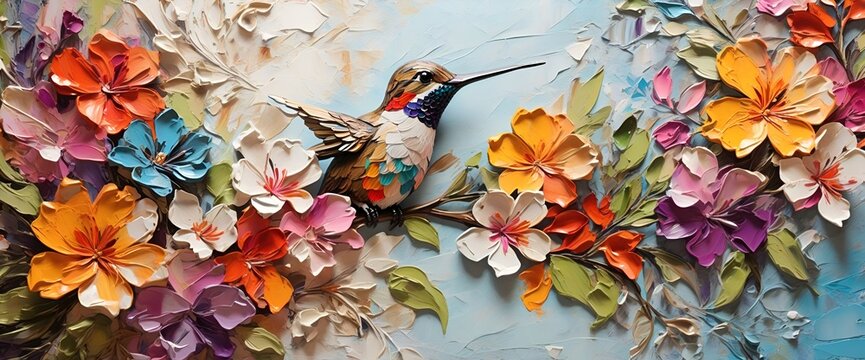 Closeup of abstract rough colorful multicolored organic floral spring flowers and hummingbird art painting texture, with oil acrylic brushstroke, pallet knife paint on canvas wallpaper