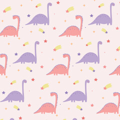 Pattern with different types of cute dinosaurs, Cartoon seamless pattern with dinosaurs with stars.