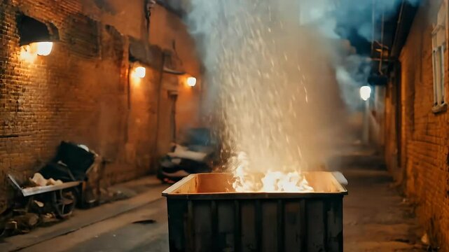 dramatic 4K video dumpster fire alley brick wall background featuring billowing flames falling ash gritty intense scene urban chaos city society smoke crisis trash garbage emergency night disaster