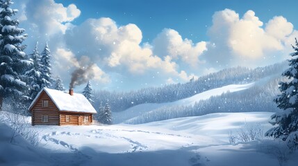 Naklejka premium A Cozy Log Cabin in a Snowy Winter Wonderland