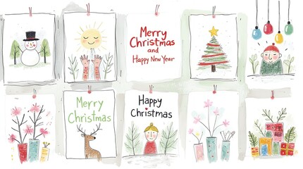 Christmas decorative banner with Santa Claus, Christmas trees, snowman, reindeers, bells, stockings, ornaments, snowflakes, snowy village, gifts,