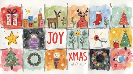 Christmas decorative banner with Santa Claus, Christmas trees, snowman, reindeers, bells, stockings, ornaments, snowflakes, snowy village, gifts,