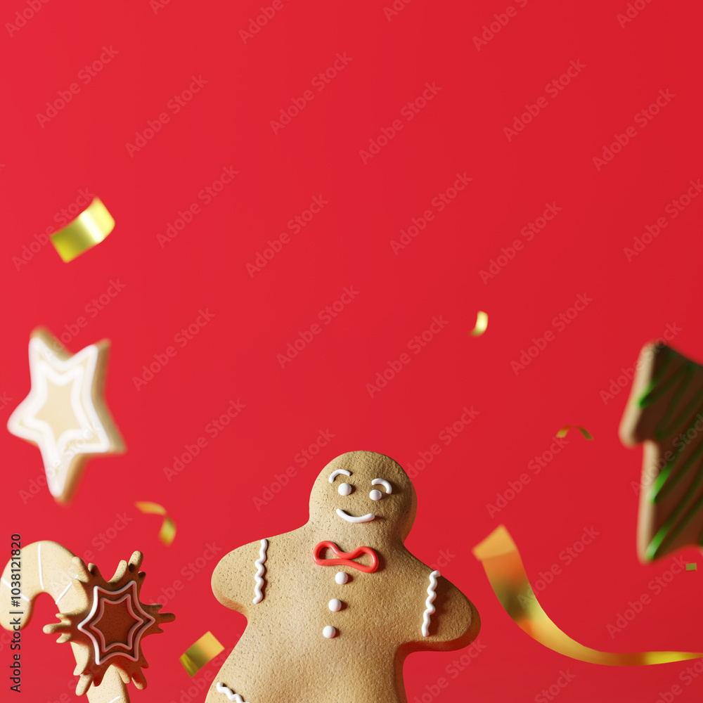 Wall mural Christmas composition with decoration on red background. Creative idea Christmas concept. 3d rendering 