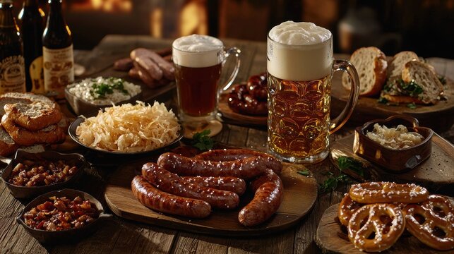 Delicious Spread of Traditional German Cuisine and Beer