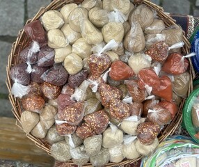 A colorful market display of vibrant spices