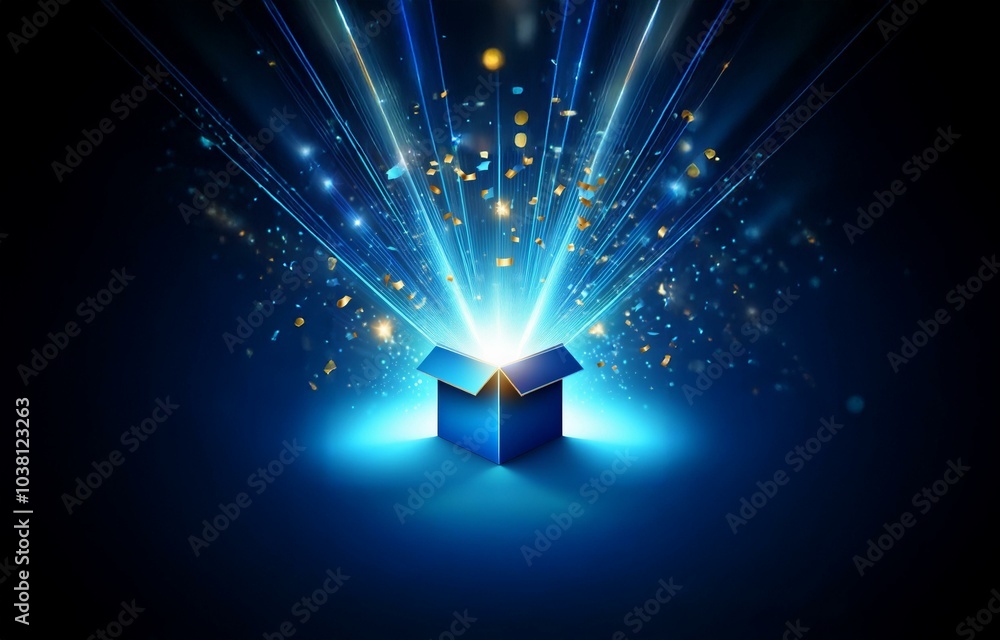 Poster an open blue box on a dark background with bright blue light streaming from within and gold confetti