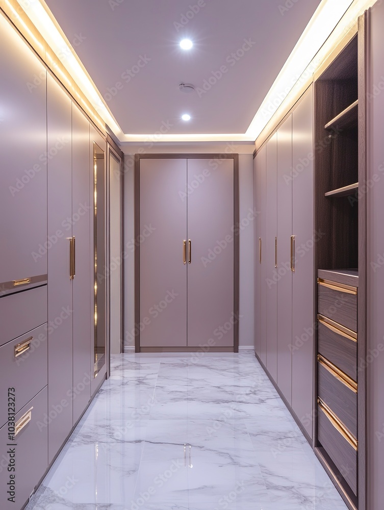 Wall mural A walk-in wardrobe, luxurious design, marble flooring, gold handles, isolated on white background  