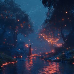 Glowing forest filled with fairies, fireflies, and young girl picture