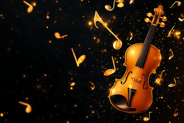 A vibrant illustration of a violin surrounded by musical notes and sparkles.