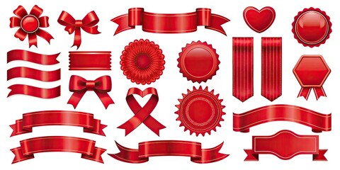 A collection of red vector ribbons and labels featuring transparent backgrounds, unique designs, and high-quality graphics ideal for advertising, marketing, and decorative applications.