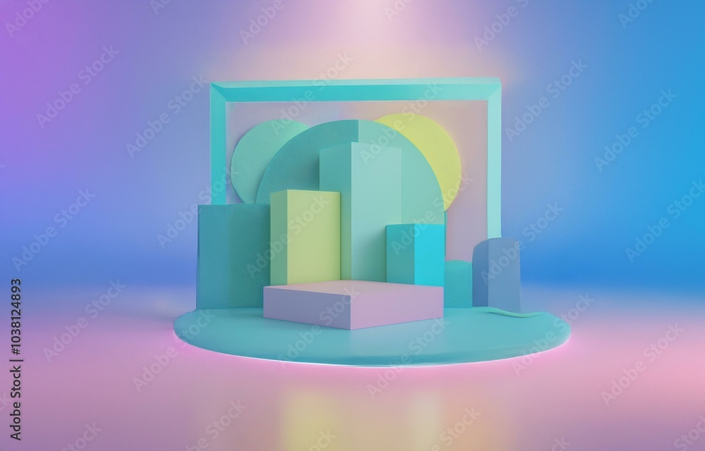 Poster 3d geometric shapes on a platform in front of a blue and pink gradient background.