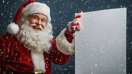 Santa Claus Holding a White Sign with a Candy Cane
