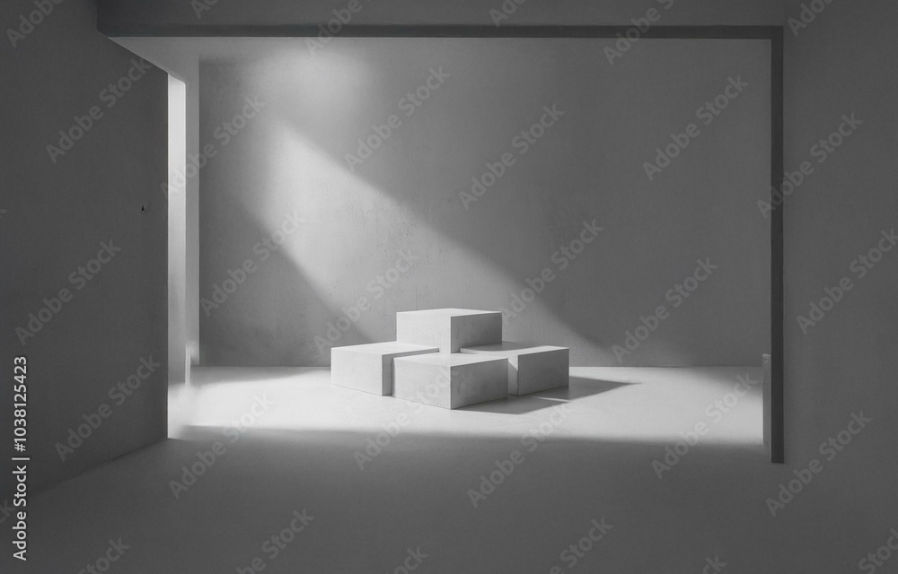 Poster a white room with a large window and a stack of three white blocks on the floor. the room is bathed 