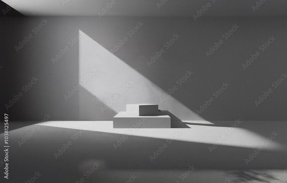 Poster two white rectangular platforms stand on a concrete floor with light streaming in through an unseen 